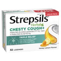 Strepsils Herbal Chesty Cough Plus Triple Relief Sore Throat Lozenges Honey Lemon 32s
