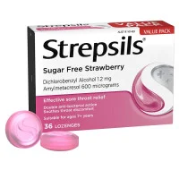 Strepsils Sore Throat Relief Sugar Free Strawberry 36 Pack
