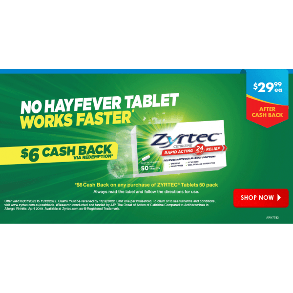 Buy 6 Dollar Cash Back Via Redemption on Any Purchase of Zyrtec Tablets