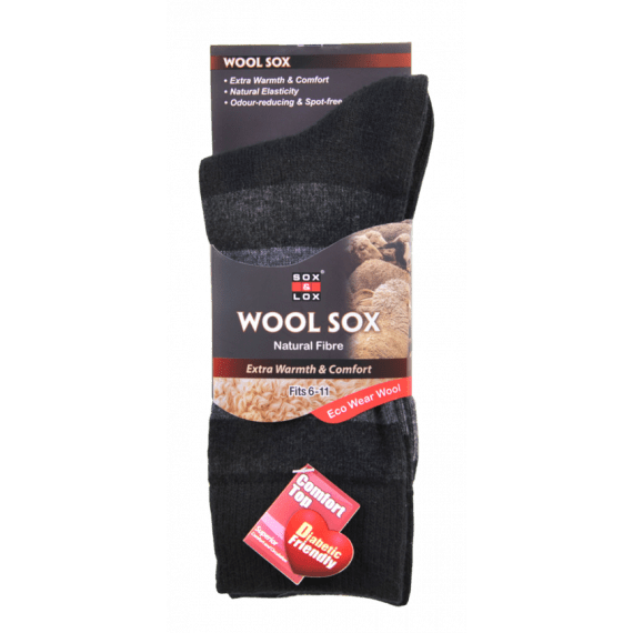 Sox & Lox Mens Business Diabetic Friendly (Wool) Socks 3-Toned Black (Size 6 - 11)