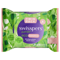 Swisspers Eco Sensitive Biodegradable Facial Wipes Twin Pack 2 X 25 Wipes