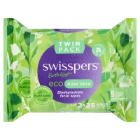 Swisspers Eco Aloe Vera Biodegradable Facial Wipes Twin Pack 2 X 25 Wipes