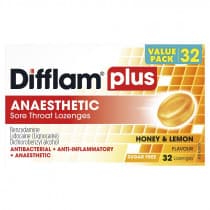 Difflam Plus Anaesthetic Sore Throat Lozenges Honey & Lemon Flavour 32 Pack