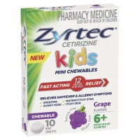 Zyrtec Kids Allergy and Hayfever Antihistamine Chewable Grape Tablets 10 Tablets
