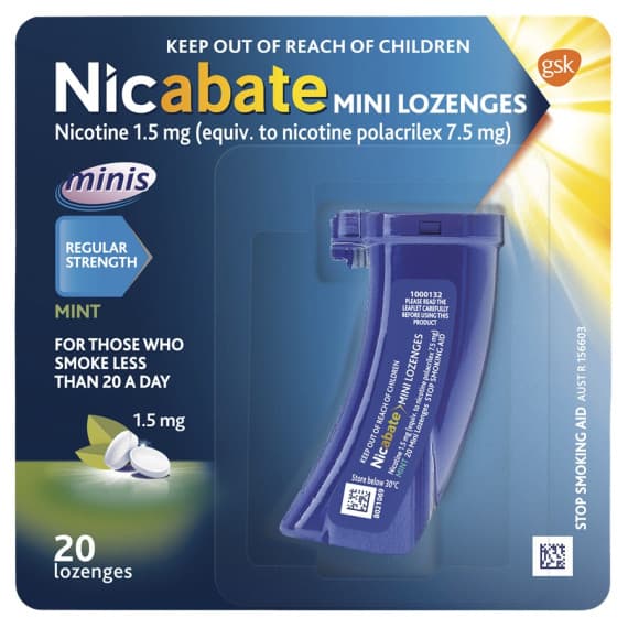 Nicabate Mini Lozenge Quit Smoking Nicotine 1.5mg Regular Strength Mint 20 Pack