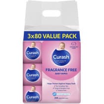 Curash Fragrance Free Baby Wipes 3 x 80 Pack
