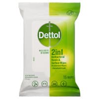Dettol 2 in 1 Hands And Surfaces Anti Bacterial Wipes 15 Wipes